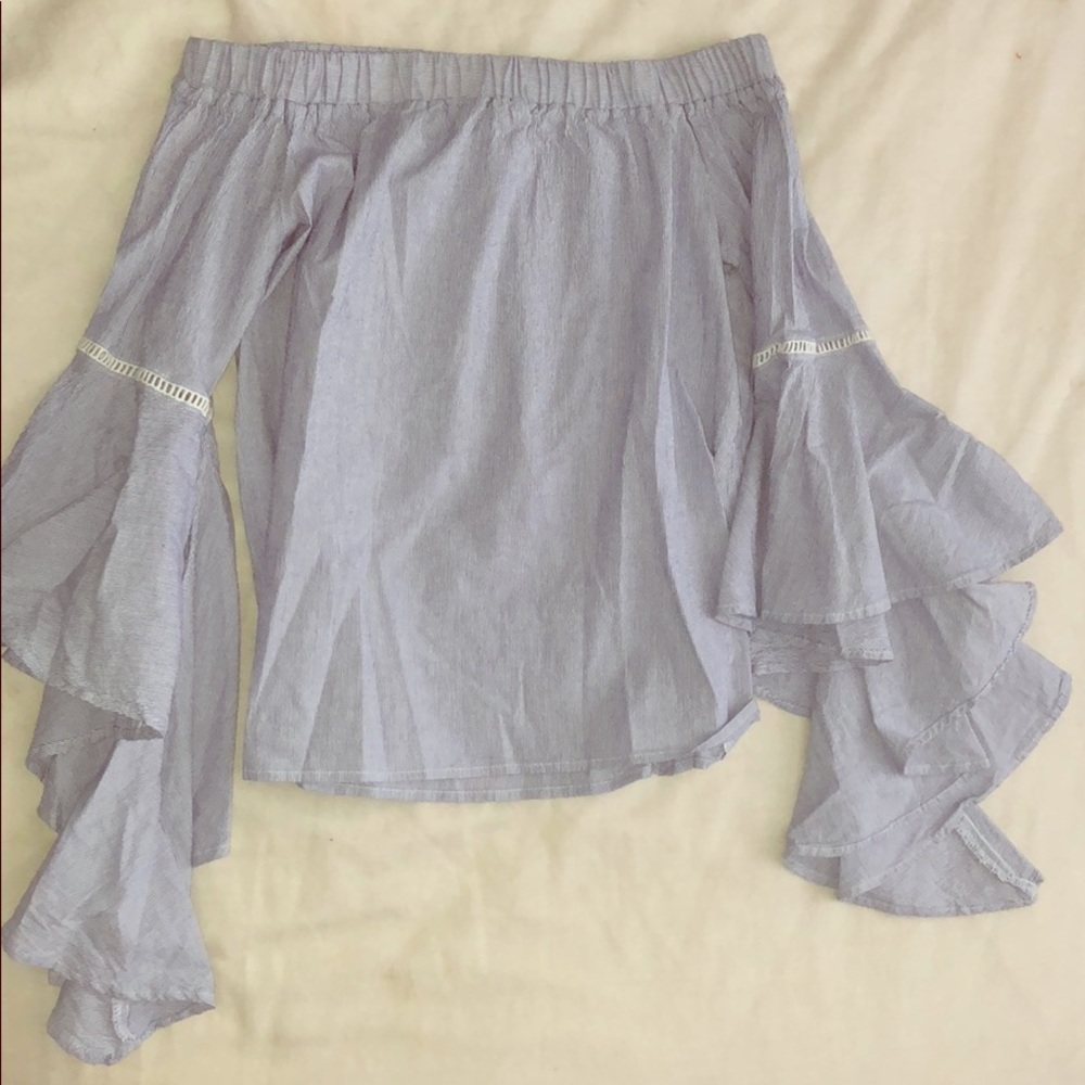 Off the shoulder white and blue striped top